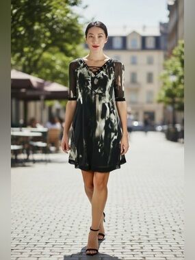 Elana Kattan 3/4 Sleeve A-Line Trapeze Dress Mesh V Neck Dress. Size Large